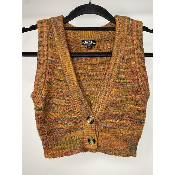 For Love and Lemons Helena Cropped Sweater Vest Women's XS Yellow Brown Knit - Picture 1 of 5